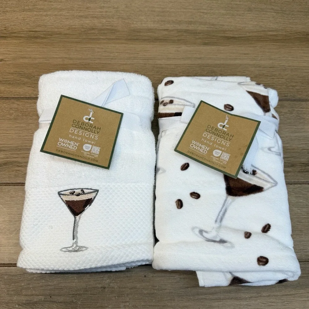 Deborah Connolly Designs Espresso Martini Hand Towel Set Of 4 White Embroidered